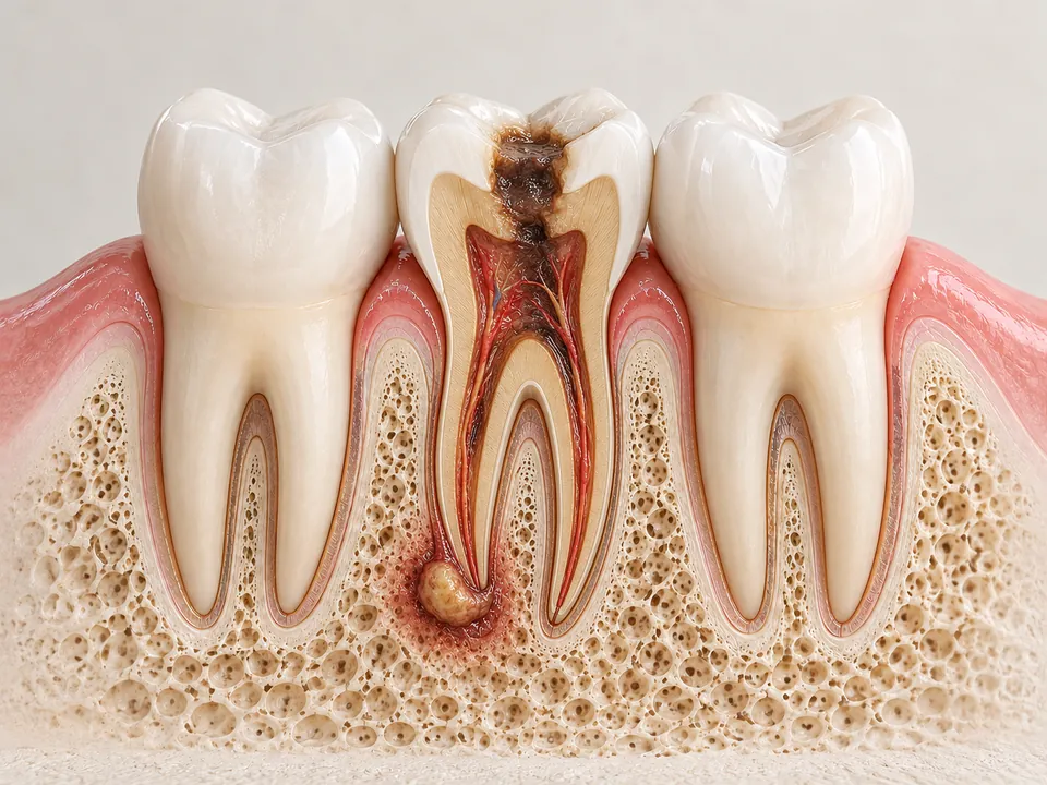 Cross-section of a molar with deep decay reaching the pulp and an infection at the root tip